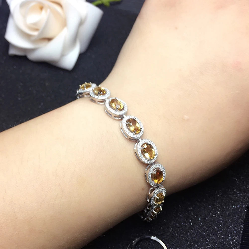 MeiBaPJ Real Natural Citrine Gemstone Bracelet for Women 925 Sterling Silver Yellow Stone Bangle Fine Party Jewelry